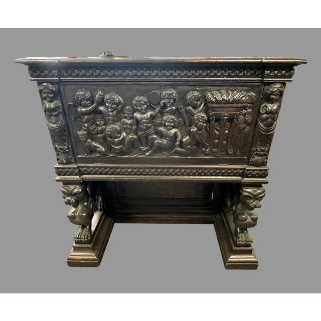 Brown Antique Carved Oak Drop Front Desk Renaissance Revival Figural Lion Writing Desk For Sale - Image 8 of 11