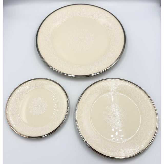 1990s Lenox Moonspun China Platinum Trim Dinner, Salad, Bread 3pc Plate Set For Sale In Palm Springs - Image 6 of 10