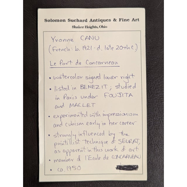 1950s French Mid-Century Impressionist Watercolor "Le Port De Concarneau" by Yvonne Canu For Sale - Image 14 of 15