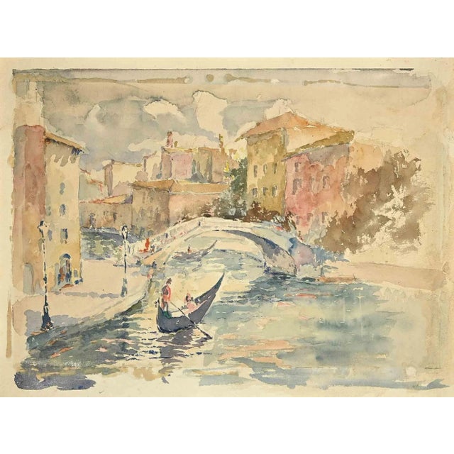 View of Canal in Venice is an original drawing in watercolor on cardboard realized by an anonymous artist in the mid-20th...