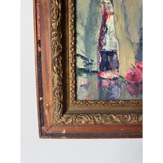 Vintage Fruits & Bottle Still Life Impressionist Oil Painting on Masonite Board, Framed For Sale - Image 12 of 14