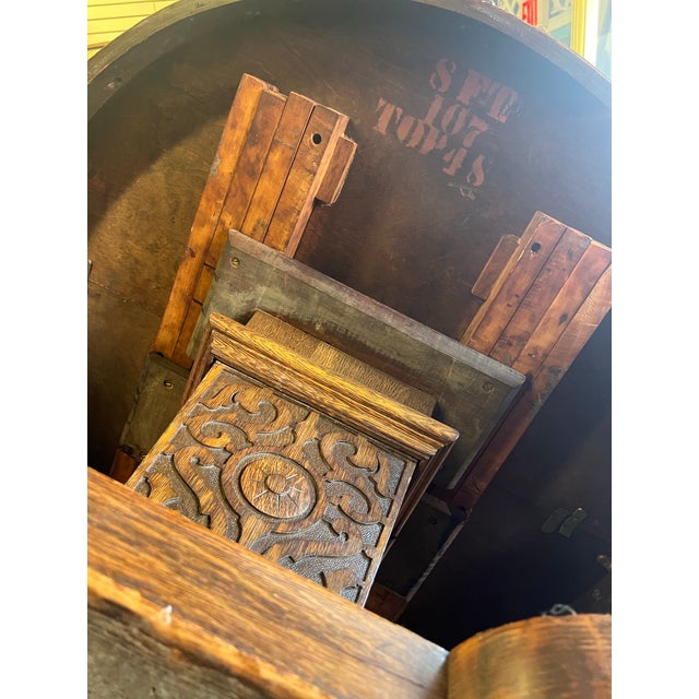 Art Nouveau Late 19th Century Statement Table -Tiger Oak Handcaved Split Pedestal For Sale - Image 3 of 7
