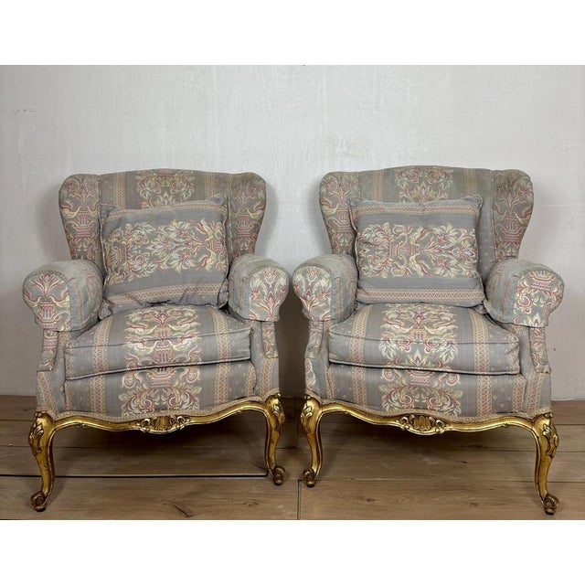 1940s French Louis XV Style Upholstered Armchairs with Giltwood Frames, 1940, Set of 2 For Sale - Image 5 of 12