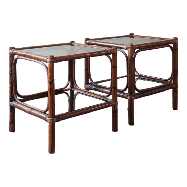 Bamboo and Rattan Bedside Tables with Smoked Glass Tops, 1970s, Set of 2 For Sale