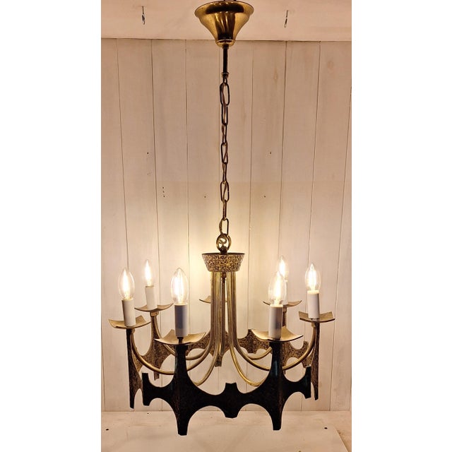 Mid-Century Modern Brutalist 7-Light Chandelier in Bronze and Brass, 1960s For Sale - Image 3 of 6