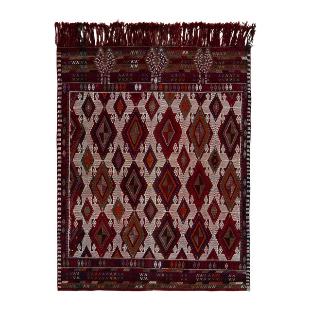 1950s Vintage Handwoven Kilim Rug in Red, White, Multicolor Embroidered Diamonds For Sale In New York - Image 6 of 6