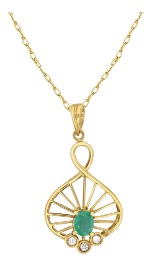 Emerald Fan Style Necklace with Diamond Accents 14k Yellow Gold 16"