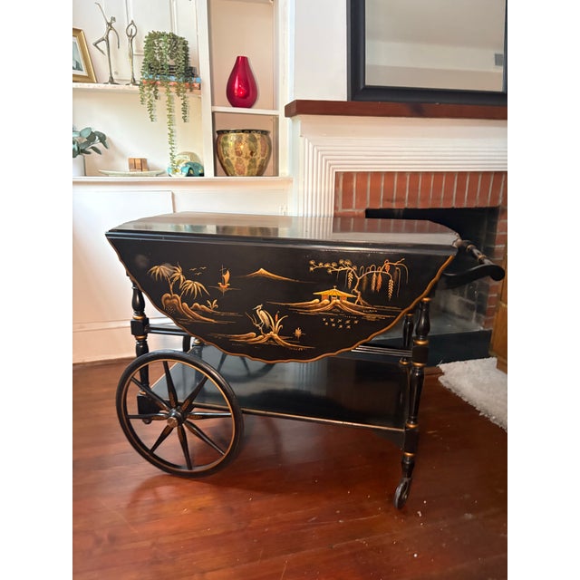 Vintage Imperial Furniture Grand Rapids Chinoiserie Bar Cart | C. 1940s | Black Lacquer, Raised Gold Chinoiserie, Drop Leaf For Sale In Washington DC - Image 6 of 12