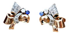 Flower-Shaped Gold Earrings with Diamond Chips and Two Synthetic Garnet Stones, Set of 2