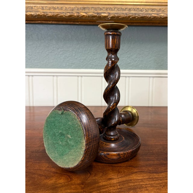 Antique English Barley Twist Candlesticks Candle Holders Oak Pair 10.5" Tall For Sale - Image 9 of 17