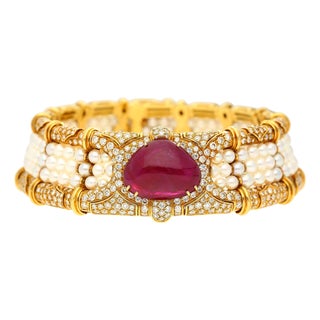 Vintage 45 Carat No Heat Ruby, Diamond, and Pearl Cuff Choker Necklace For Sale
