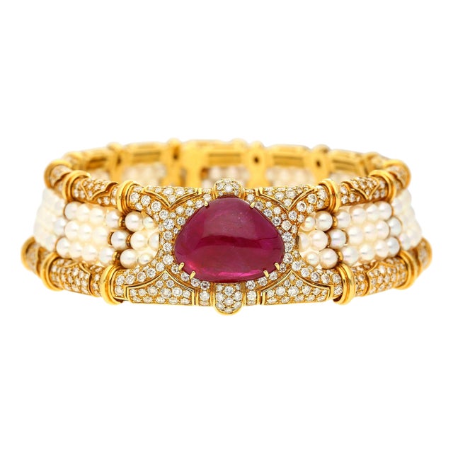 Vintage 45 Carat No Heat Ruby, Diamond, and Pearl Cuff Choker Necklace For Sale