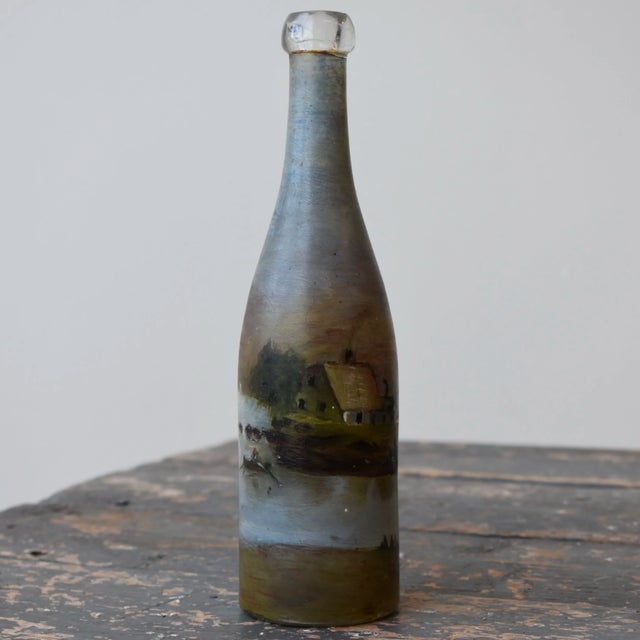 Antique Hand-Painted Scenic Countryside Cork Bottle, Circa Early 20th Century. Steely countryside scene rendered on a...
