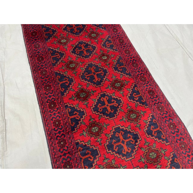 Red & Navy Blue Geometric Tribal Wool Runner Rug, 2'7" X 12'6" For Sale - Image 4 of 13