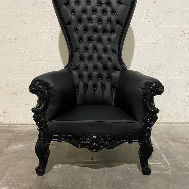 French Rococo Style Tufted Black Leather Throne Chair For Sale In Miami - Image 6 of 8
