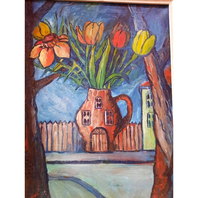 A striking and whimsical original oil painting by renowned Ukrainian-American modernist artist David Burliuk (1882–1967)....