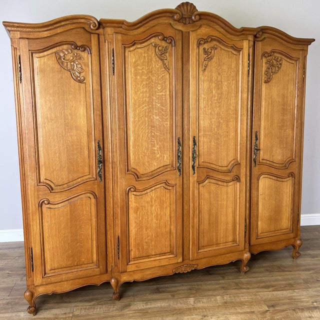 Vintage Louis XVI French Oak Four Door Carved Armoire For Sale - Image 11 of 11