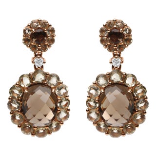 18K Rose Gold Diamond Accent and Lemon and Oval Smoky Color Quartz Gemstone Dangle Drop Earring (G-H For Sale