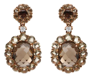 18K Rose Gold Diamond Accent and Lemon and Oval Smoky Color Quartz Gemstone Dangle Drop Earring (G-H