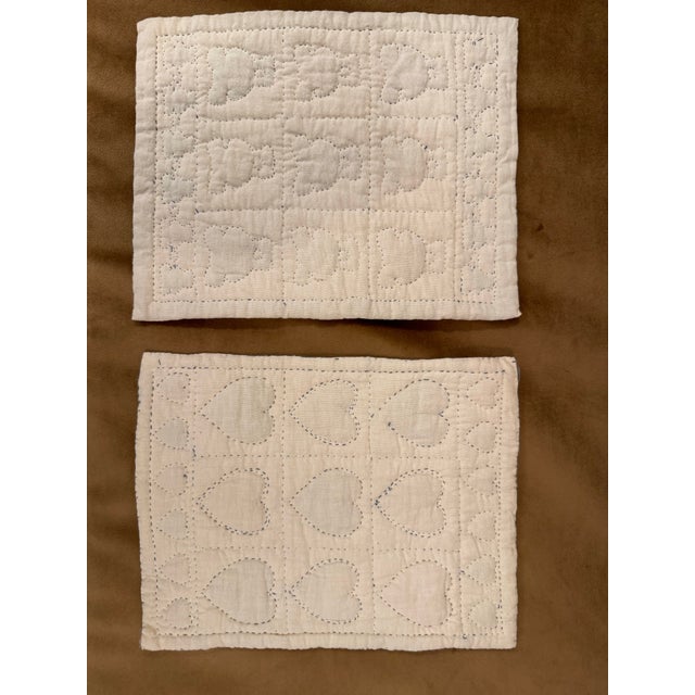 Pair of Vintage American Folk Art Hearts & Bears Quilted Textile Art, Dusty Pink, Baby Blue, Off-White For Sale - Image 12 of 12