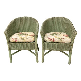Late 20th Century Pair of Hollywood Production Sage Green Wicker Tub Armchairs For Sale
