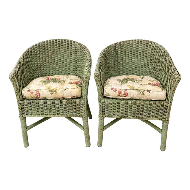 Late 20th Century Pair of Hollywood Production Sage Green Wicker Tub Armchairs For Sale