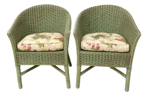 Late 20th Century Pair of Hollywood Production Sage Green Wicker Tub Armchairs