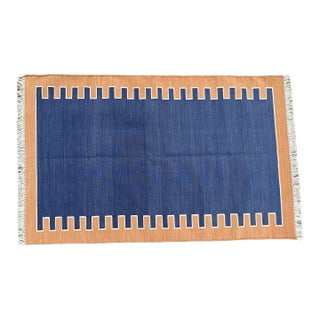 Not Yet Made - Made To Order Handmade Cotton Vegetable Dyed Blue, Cream and Tan Zig Zag Striped Rug-4'x6' For Sale