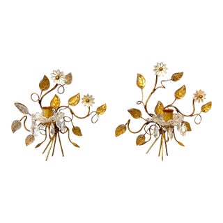 Maison Baguès Style Sconces Pair Antique French Gilt Brass Crystal Floral Decor For Sale