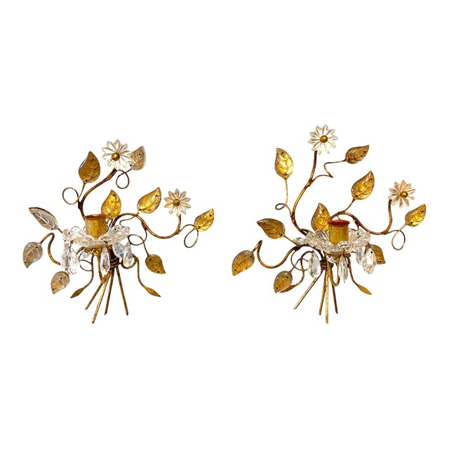 Maison Baguès Style Sconces Pair Antique French Gilt Brass Crystal Floral Decor For Sale