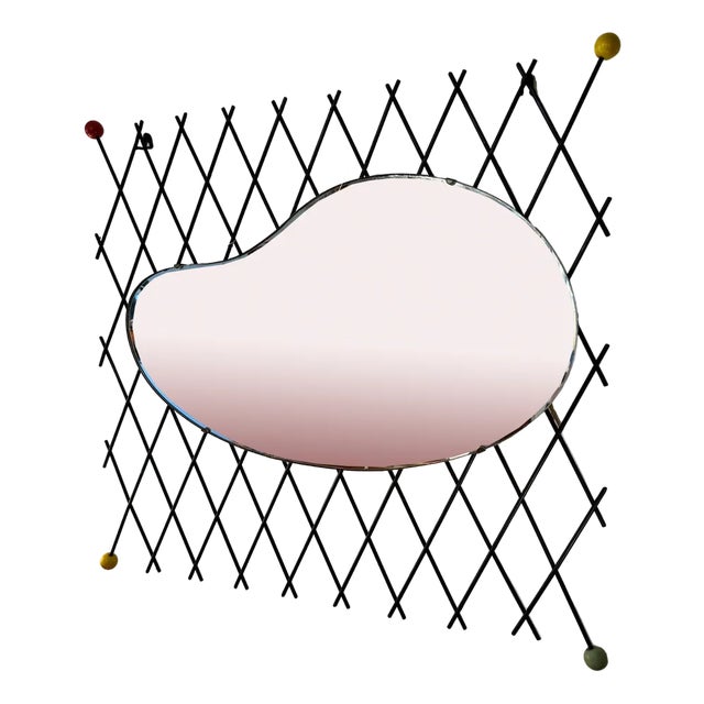 Mid-Century French Organic Shape Cross Hatch Iron Mirror, 1950 For Sale