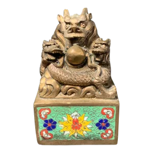 Chinese Art Bronze and Cloisonne Seal/Chop With Floral and Dragon Design