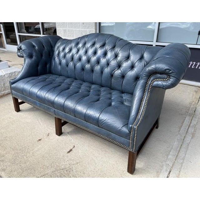 English Vintage Blue Leather Camelback Chesterfield Sofa For Sale - Image 3 of 18