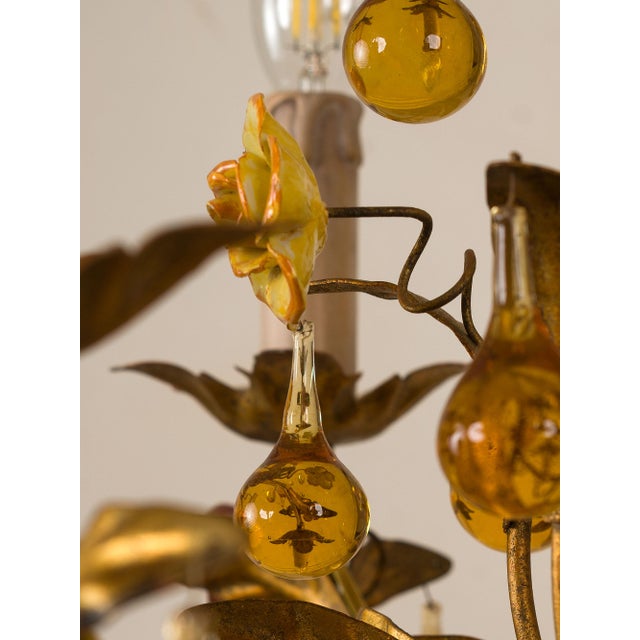 Floral Chandelier in Gilded Iron with Ceramic Flowers and Murano Glass Pendants, Italy, 1960s For Sale - Image 10 of 13