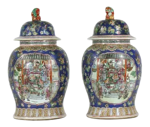 Early 20th Century Large Chinese Porcelain Cobalt Covered Ginger Jars with Foo Dog - a Pair