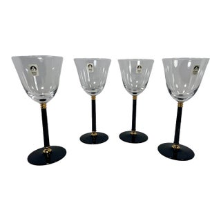 Set of 4 Discontinued Sasaki Tucano Black Stem Gold Accent Lead Crystal Wine Glasses Japan For Sale