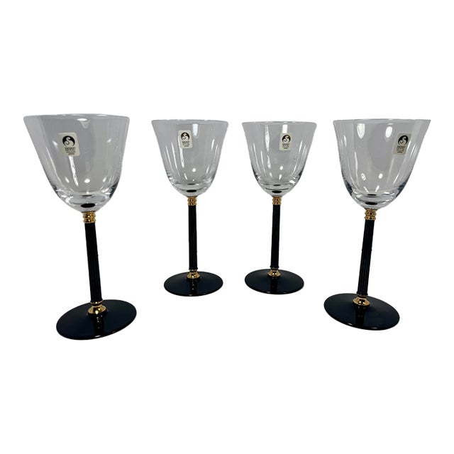 Set of 4 Discontinued Sasaki Tucano Black Stem Gold Accent Lead Crystal Wine Glasses Japan For Sale