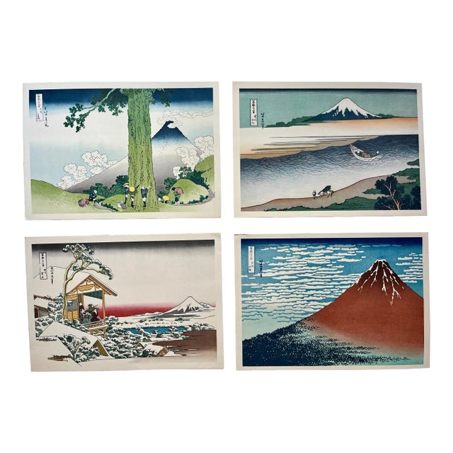 1980s Set of 4 Vintage Katsushika Hokusai Ukiyo Unframed Japanese Woodblock Prints For Sale