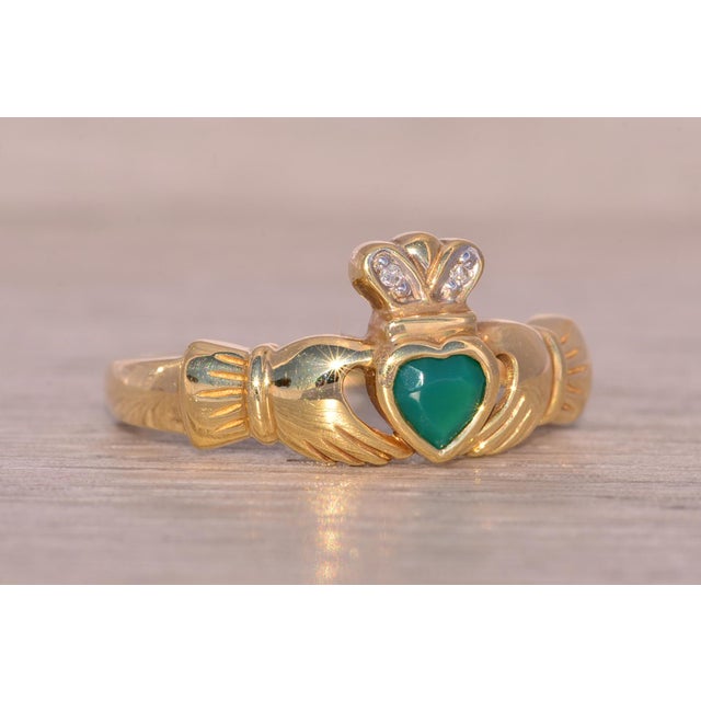 Gold The Dingle: Irish Made Designer Signed Green Agate and Natural Diamond Claddagh Ring For Sale - Image 8 of 11