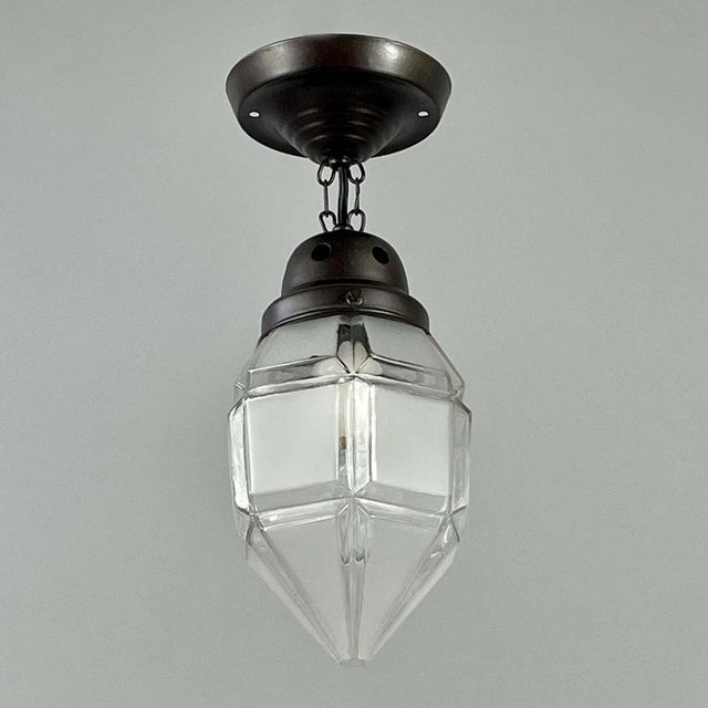 Secessionist Brass Semi Flush Mount in Frosted Glass and Burnished, 1920s For Sale - Image 4 of 14