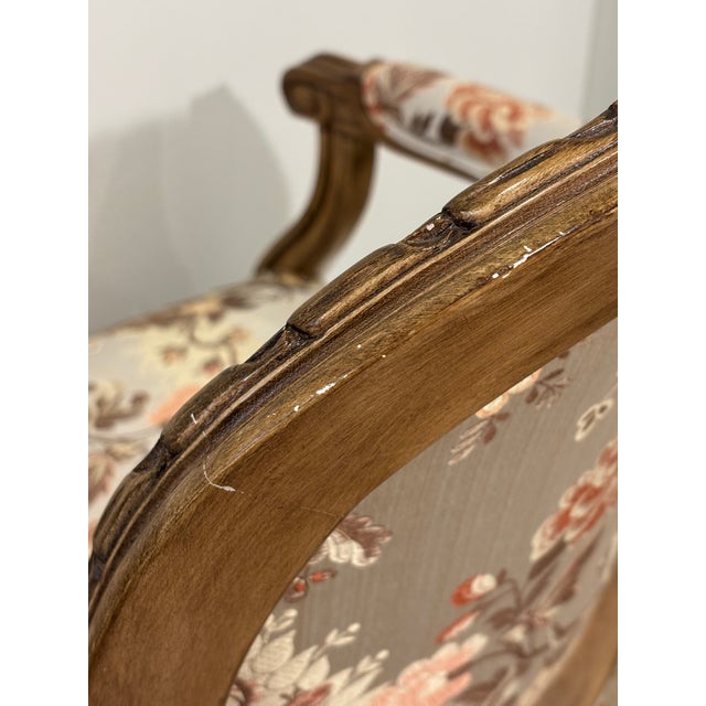 Vintage Louis XVI Style Carved Wood Fauteuil Armchairs in Floral Chinoiserie Upholstery - A Pair For Sale - Image 18 of 18