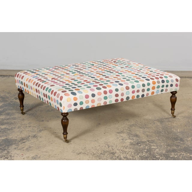 Vintage French Tufted Ottoman in Multicolor Linen Upholstery For Sale - Image 14 of 15