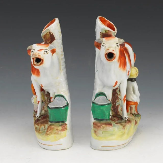 Victorian Antique Staffordshire Flatback Cow and Milkmaid Spill Vases- a Pair For Sale - Image 3 of 8