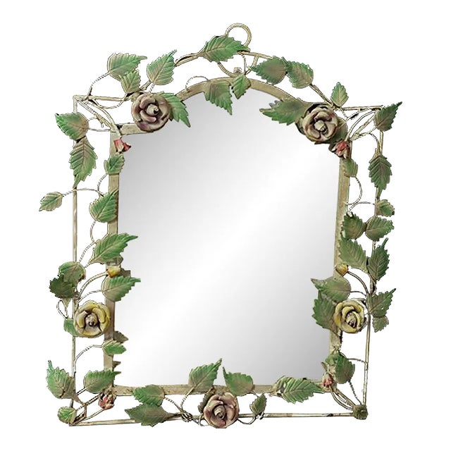 French Wrought Iron Mirror with Roses, 1970s For Sale