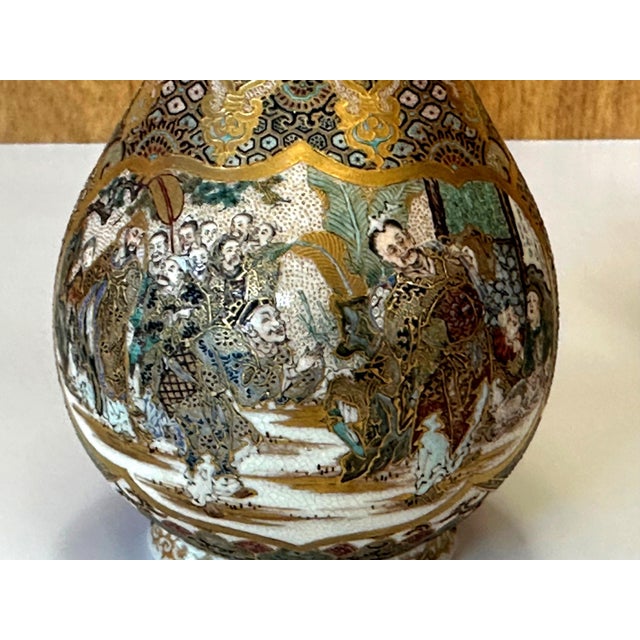 Pair of Fine Miniature Satsuma Vase with Moriage Enamel Decoration by Seikozan For Sale - Image 9 of 12