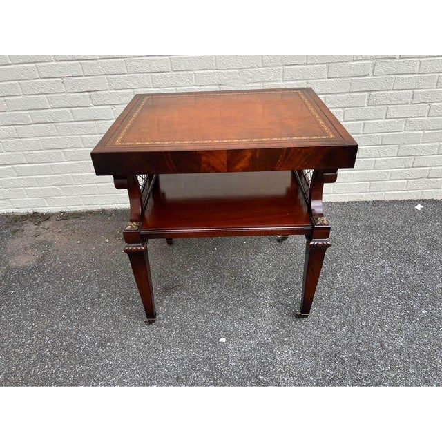 Wood Early 20th Century Pair of George III Style Flame Mahogany Tooled Leather Top 2 Tier Side Tables. For Sale - Image 7 of 11
