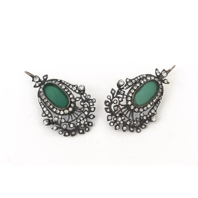 Art Deco Vintage Czech Rhinestone, Rhodium, Silver, Green Glass Dangle Pierced Earrings - 2 Pieces For Sale - Image 3 of 10
