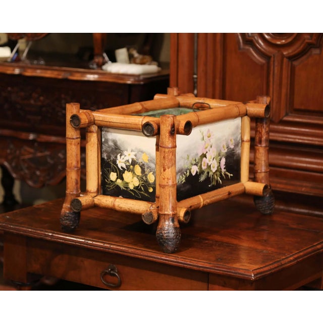 French Early 20th Century French Bamboo Jardinière With Hand-Painted Floral Panels For Sale - Image 3 of 12