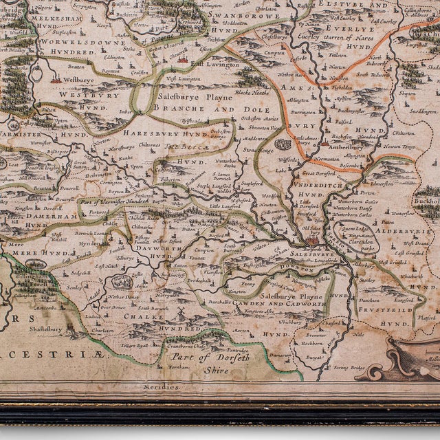 Beige Antique Wiltshire County Map, Dutch, Framed Cartography, Latin, Blaeu, c.1650 For Sale - Image 8 of 12