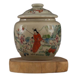 Vintage Chinese Celadon Famille Rose "Boys Playing" Covered Jar - 14.8cm For Sale